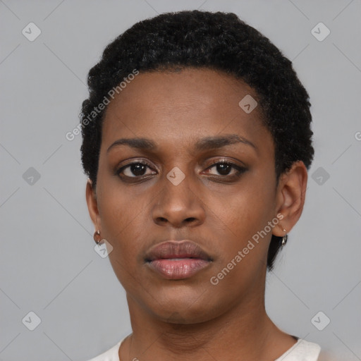 Neutral black young-adult female with short  black hair and brown eyes