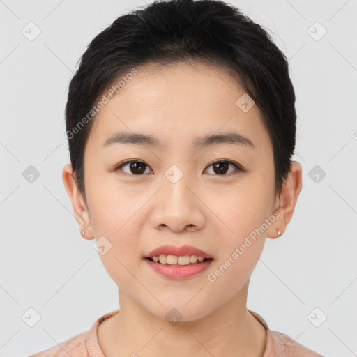 Joyful asian young-adult female with short  brown hair and brown eyes