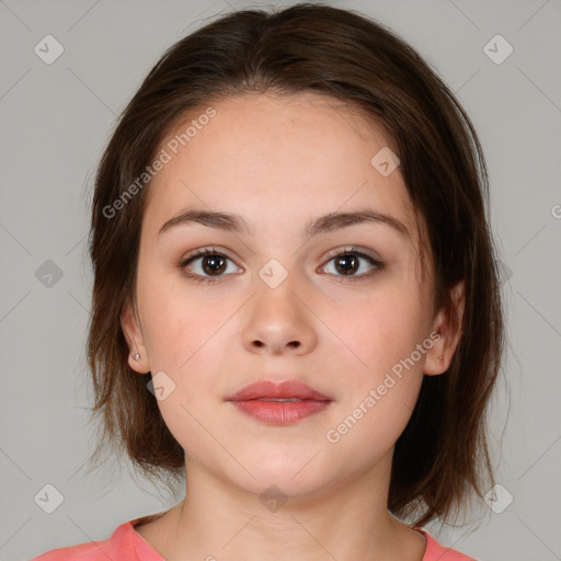 Neutral white young-adult female with medium  brown hair and brown eyes