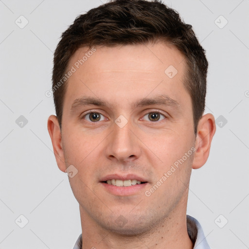 Joyful white young-adult male with short  brown hair and brown eyes