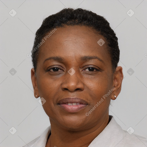 Neutral black young-adult female with short  black hair and brown eyes