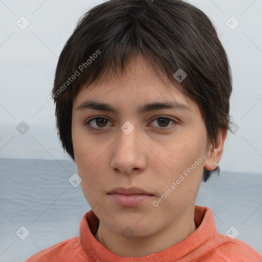 Neutral white young-adult female with short  brown hair and brown eyes