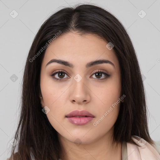 Neutral white young-adult female with long  brown hair and brown eyes