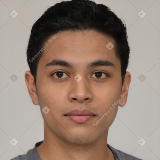 Neutral latino young-adult male with short  black hair and brown eyes