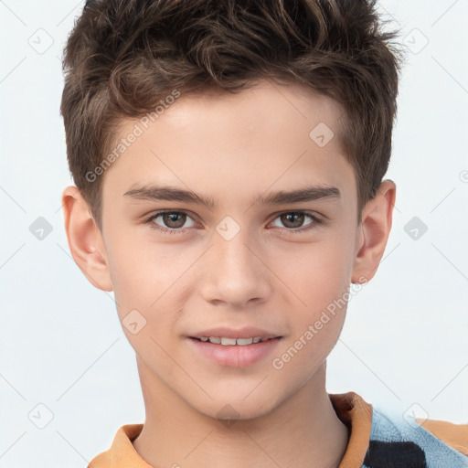 Joyful white child male with short  brown hair and brown eyes