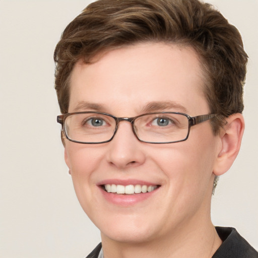 Joyful white young-adult female with short  brown hair and blue eyes