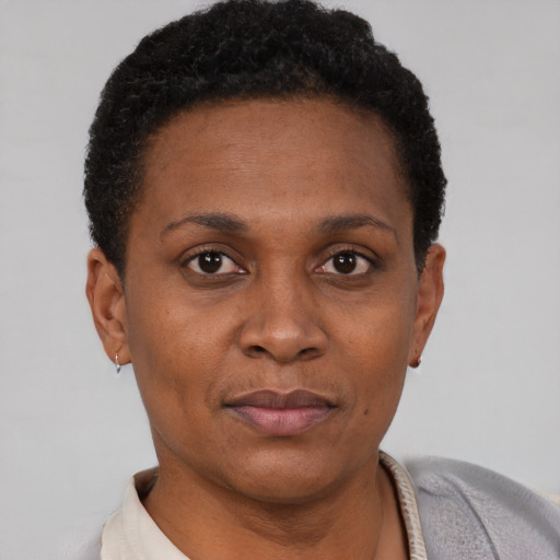 Neutral black adult female with short  brown hair and brown eyes