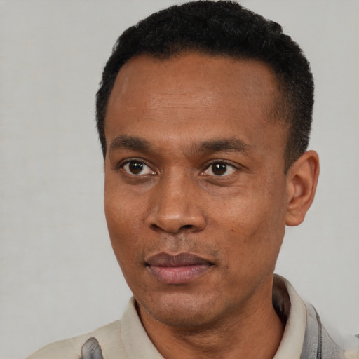 Joyful black young-adult male with short  black hair and brown eyes