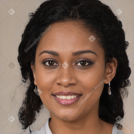 Joyful black young-adult female with medium  black hair and brown eyes