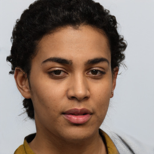 Neutral latino young-adult female with short  brown hair and brown eyes