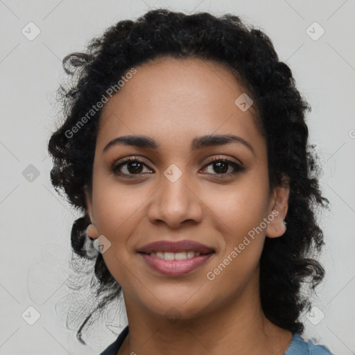 Joyful latino young-adult female with long  black hair and brown eyes