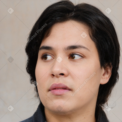 Neutral white young-adult female with medium  brown hair and brown eyes