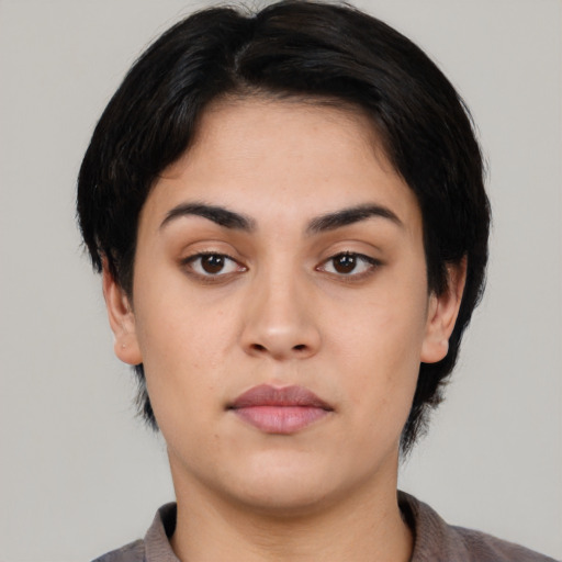 Neutral asian young-adult female with short  black hair and brown eyes