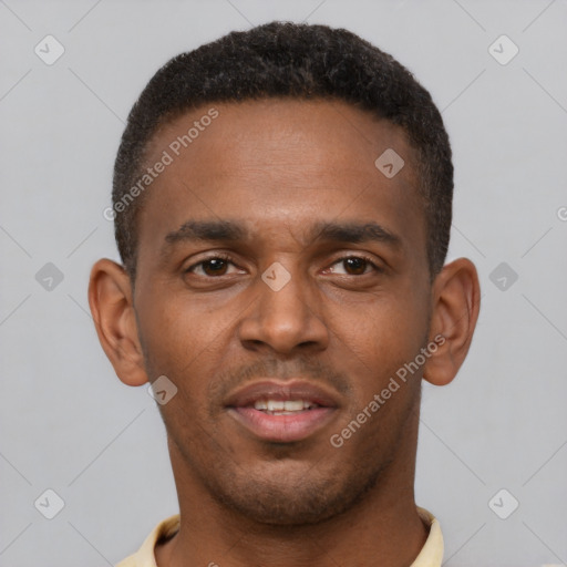 Neutral latino young-adult male with short  brown hair and brown eyes