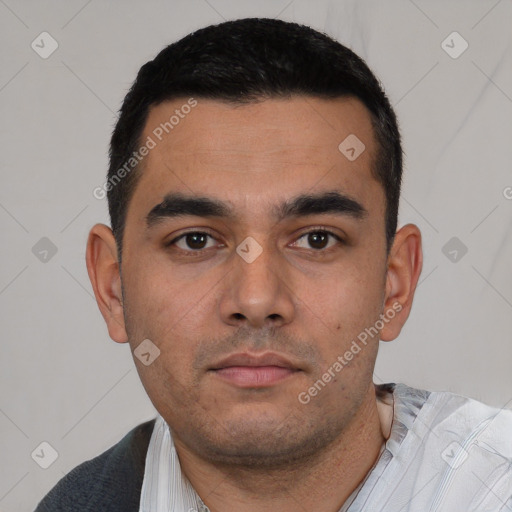 Neutral white young-adult male with short  black hair and brown eyes