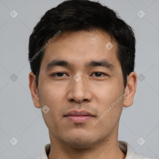 Neutral asian young-adult male with short  black hair and brown eyes