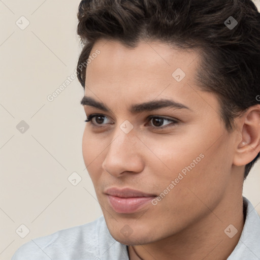 Neutral white young-adult female with short  brown hair and brown eyes