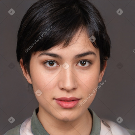 Neutral white young-adult female with medium  brown hair and brown eyes