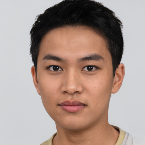 Neutral asian young-adult male with short  brown hair and brown eyes