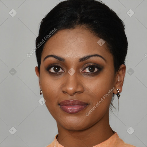 Joyful asian young-adult female with short  black hair and brown eyes