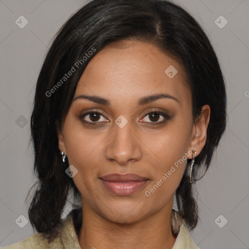 Joyful asian young-adult female with medium  black hair and brown eyes