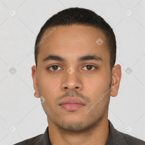 Neutral latino young-adult male with short  black hair and brown eyes