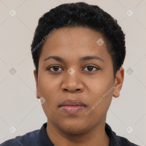 Neutral black young-adult female with short  black hair and brown eyes