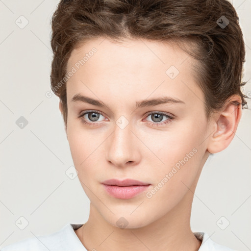 Neutral white young-adult female with short  brown hair and brown eyes