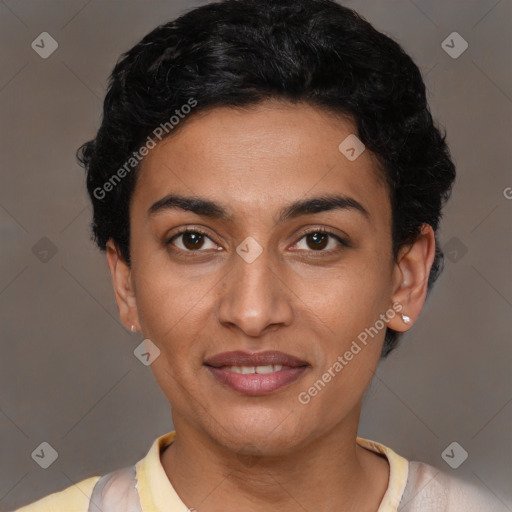 Joyful latino young-adult female with short  brown hair and brown eyes