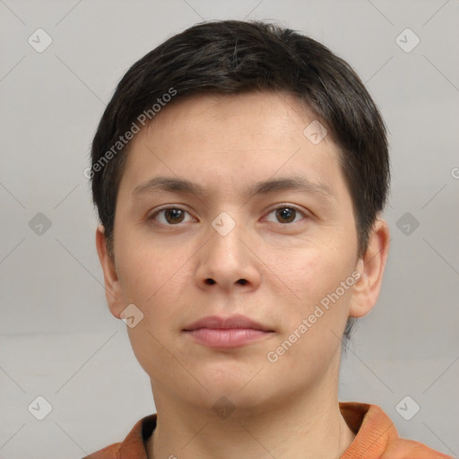 Neutral white young-adult male with short  brown hair and brown eyes