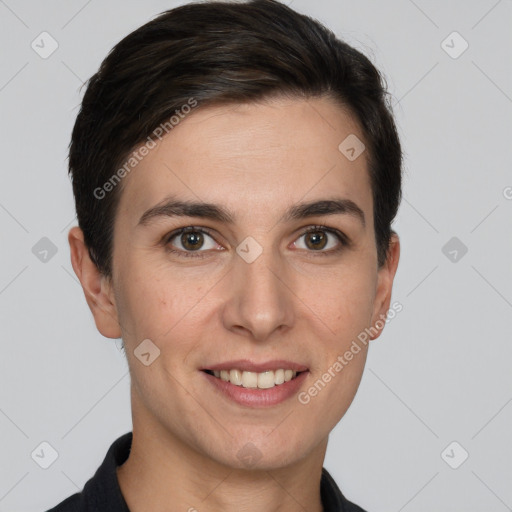 Joyful white young-adult female with short  brown hair and brown eyes