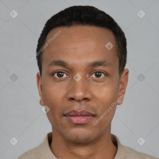 Neutral black young-adult male with short  black hair and brown eyes