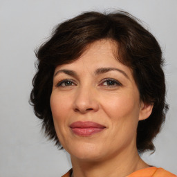 Joyful white adult female with medium  brown hair and brown eyes