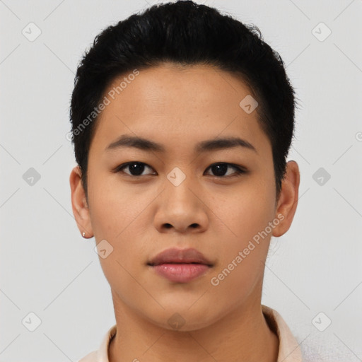 Neutral asian young-adult female with short  black hair and brown eyes