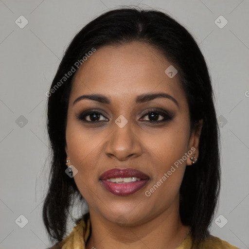 Joyful black young-adult female with medium  black hair and brown eyes