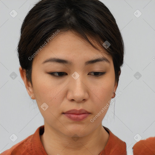 Neutral white young-adult female with medium  brown hair and brown eyes