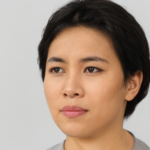 Neutral asian young-adult female with short  black hair and brown eyes
