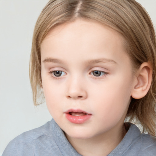 Neutral white child female with medium  brown hair and blue eyes