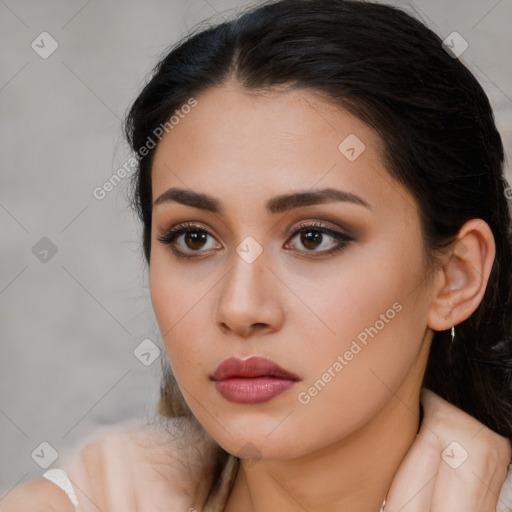 Neutral white young-adult female with long  brown hair and brown eyes