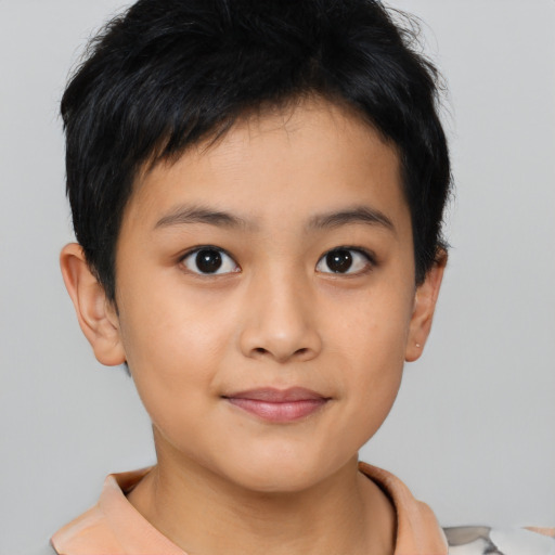 Joyful asian child male with short  brown hair and brown eyes