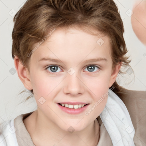 Joyful white child female with short  brown hair and grey eyes