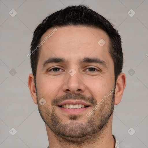 Neutral white young-adult male with short  brown hair and brown eyes