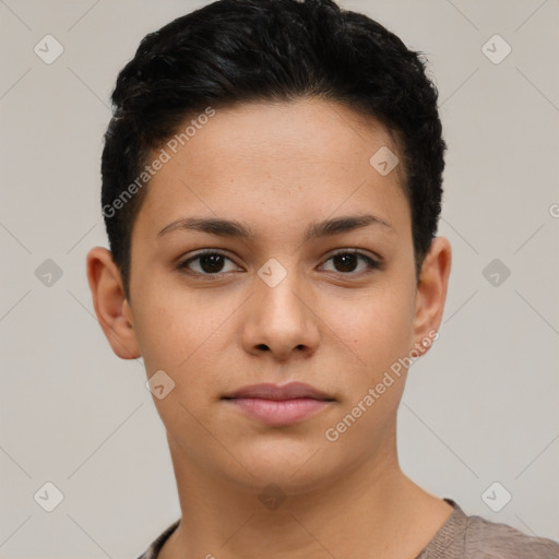 Neutral latino young-adult female with short  brown hair and brown eyes