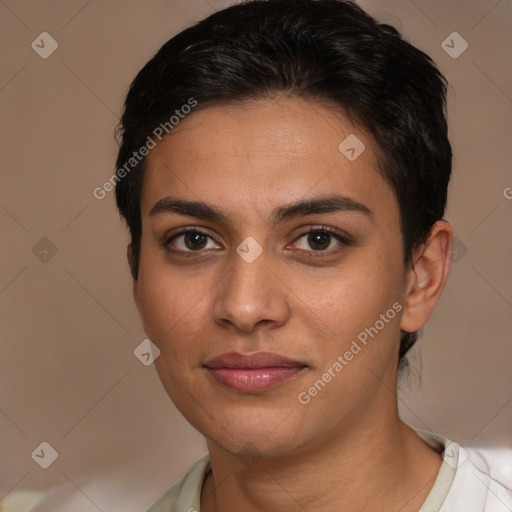 Joyful white young-adult female with short  brown hair and brown eyes