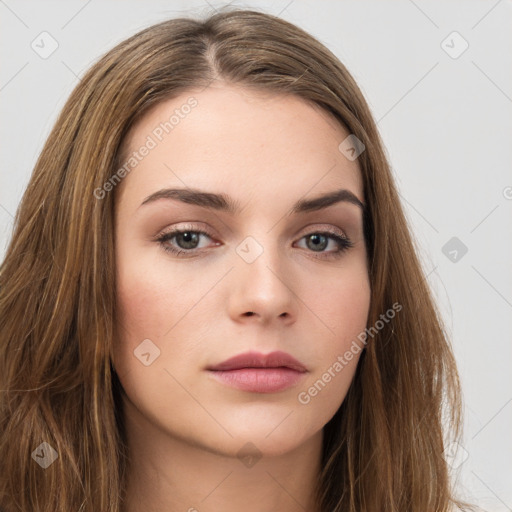 Neutral white young-adult female with long  brown hair and brown eyes