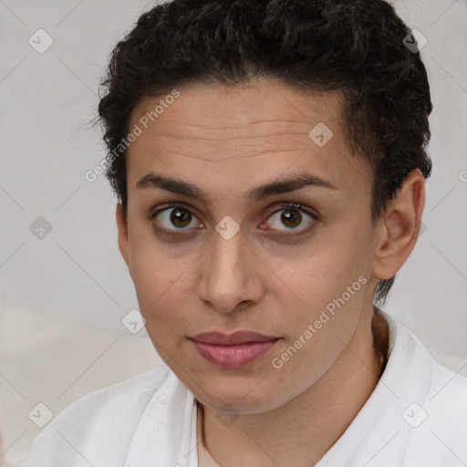 Joyful white young-adult female with short  brown hair and brown eyes