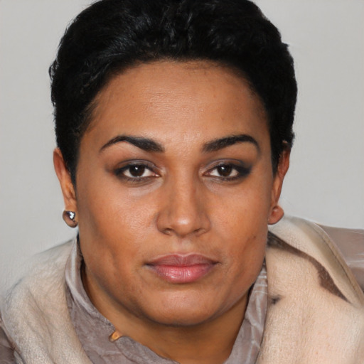 Neutral latino young-adult female with short  black hair and brown eyes