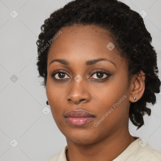 Neutral black young-adult female with short  black hair and brown eyes