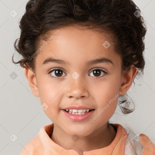 Joyful white child female with medium  brown hair and brown eyes