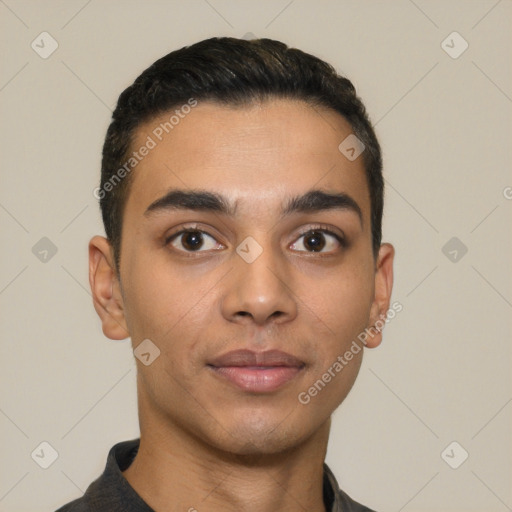 Neutral latino young-adult male with short  black hair and brown eyes